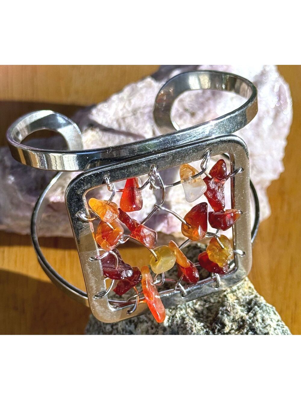Brutalist Modernist Silver Cuff With Carnelian Chips Woven On Top